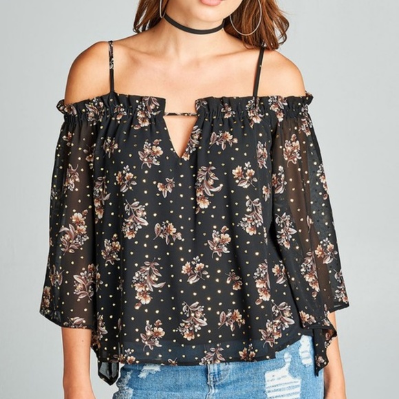 NEW Floral Off The Shoulder Chiffon Top | Black - Picture 2 of 5